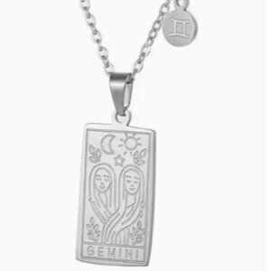 Gemini Zodiac Pendant Necklace 18K Gold Electro-Plated Stainless Steel Silver